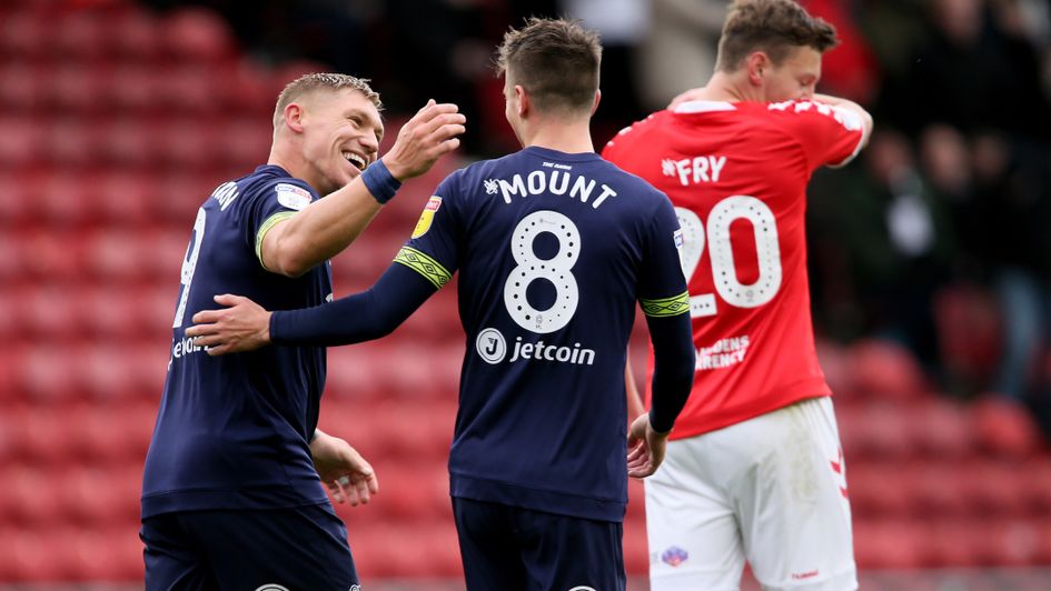 Martyn Waghorn and Mason Mount celebrate Derby's goal