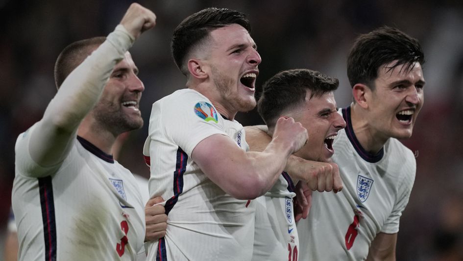 Luke Shaw, Declan Rice, Mason Mount and Harry Maguire celebrate England's win over Denmark