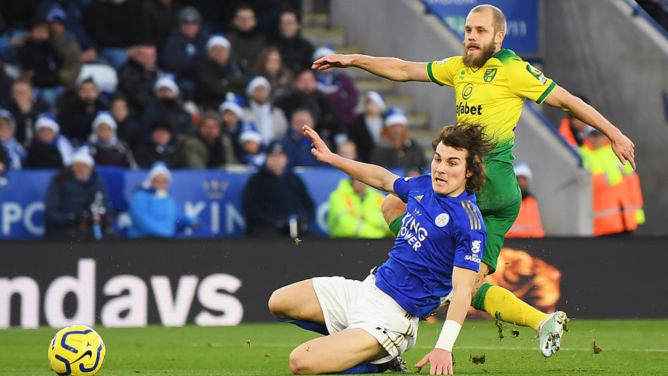 Teemu Pukki scores for Norwich against Leicester in the Premier League