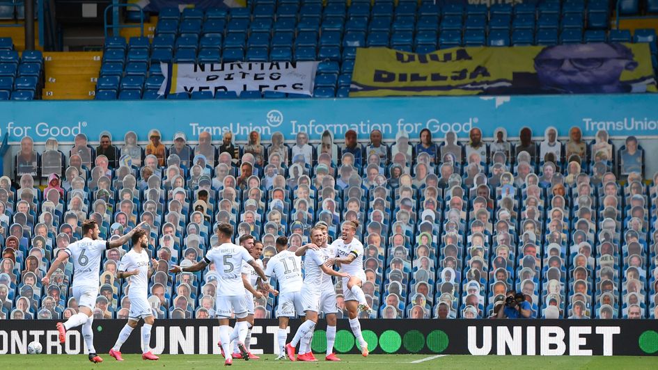 Leeds celebrate after Patrick Bamford's goal against Fulham at Elland Road
