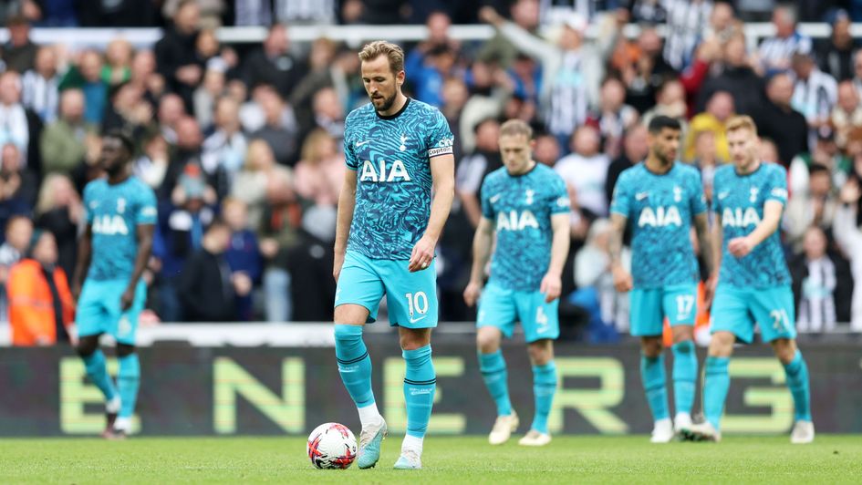 Harry Kane and Spurs players react after conceding in their 6-1 thrashing at Newcastle