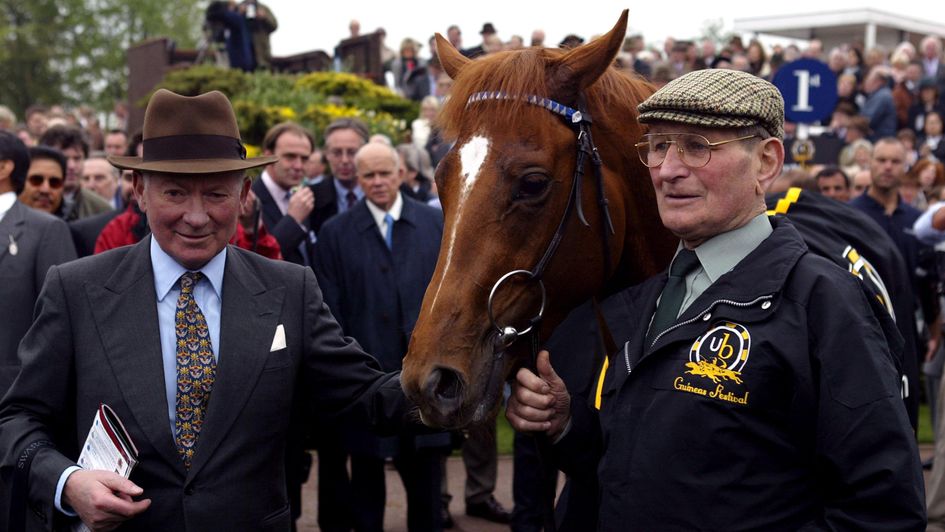 Barry Hills with Haafhd following his 2000 Guineas win