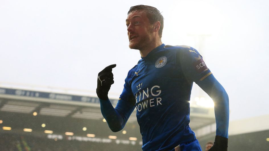 Jamie Vardy celebrates after netting for Leicester