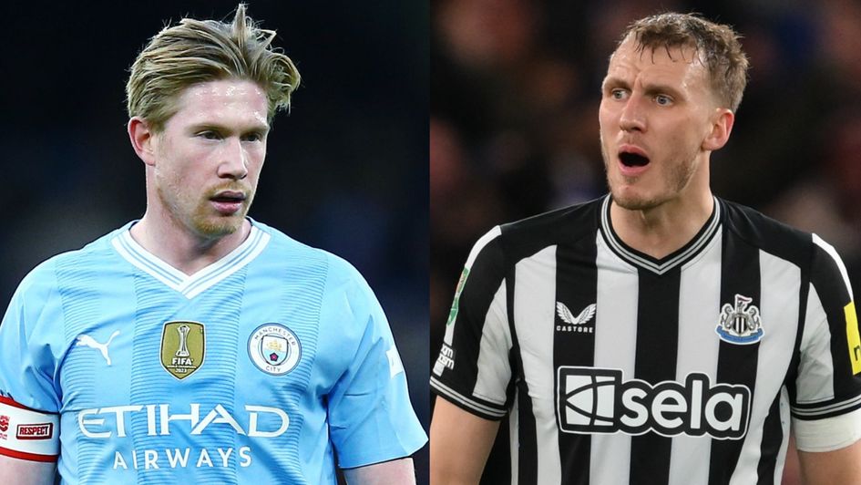 Split image of Manchester City playmaker Kevin de Bruyne and Newcastle left-back Dan Burn