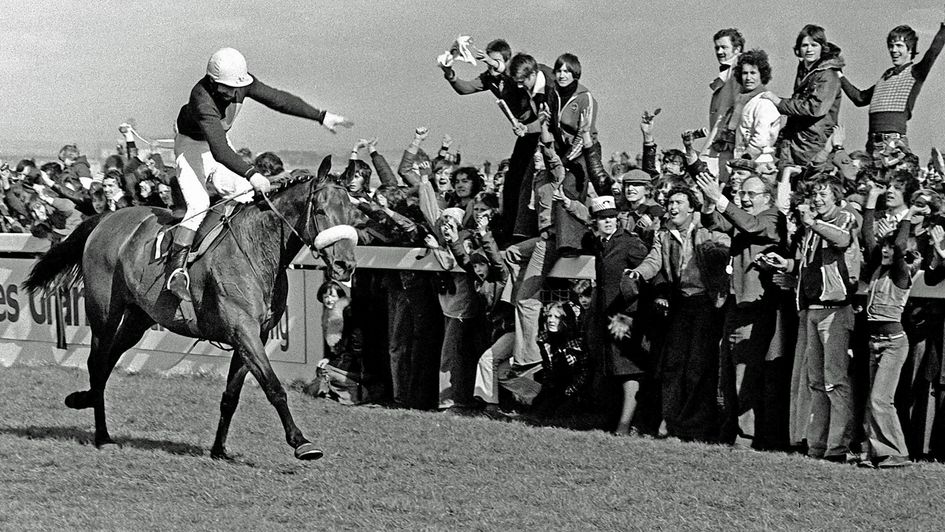 Scenes of celebration as Red Rum wins his third Grand National in 1977
