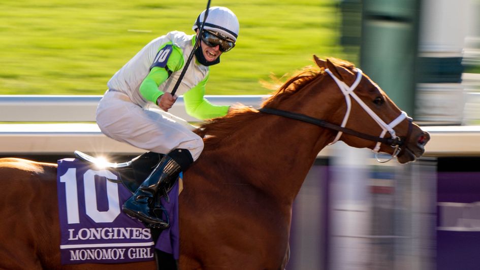 Florent Geroux celebrates on Monomoy Girl