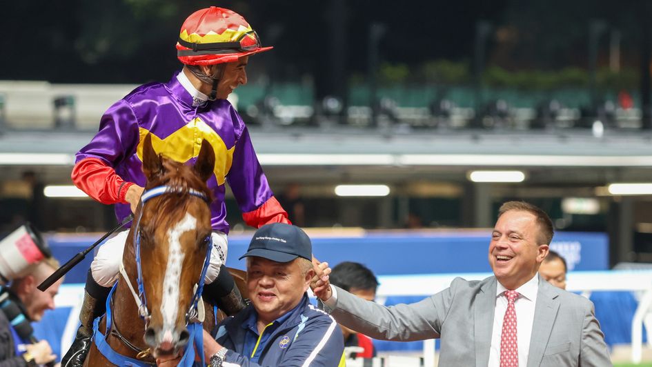 Joao Moreira and Caspar Fownes celebrate Valley success