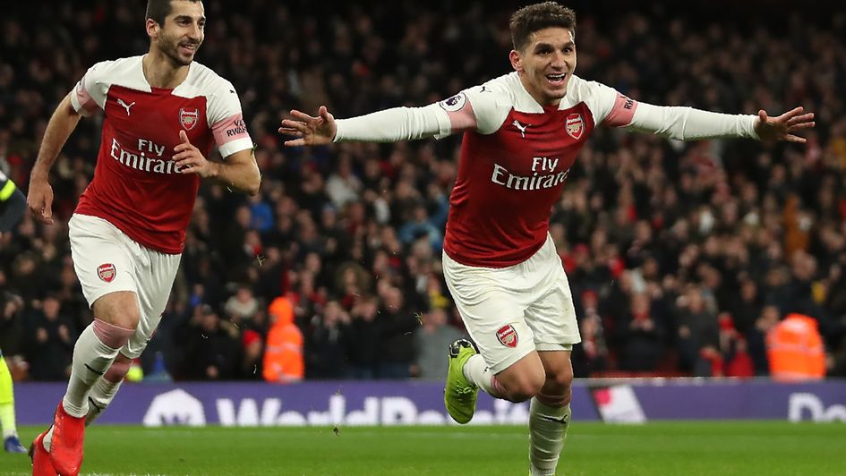 Lucas Torreira (right): The Arsenal midfielder celebrates his goal v Huddersfield