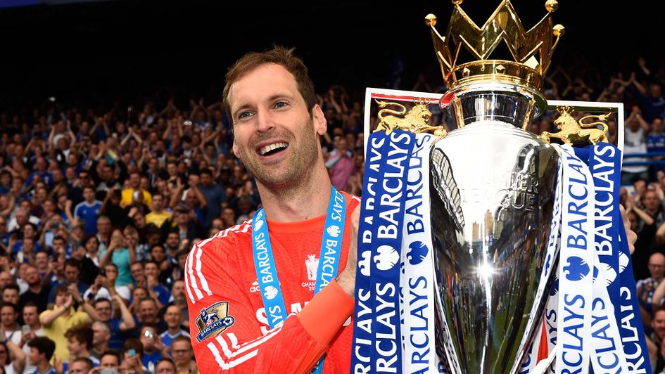 Petr Cech lifts the Premier League title with Chelsea