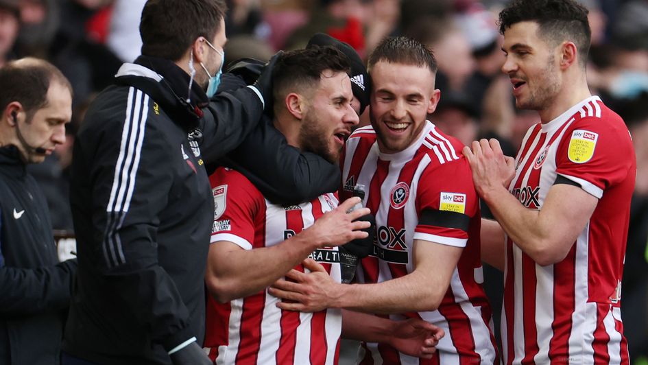 Sheffield United's George Baldock celebrates a goal.