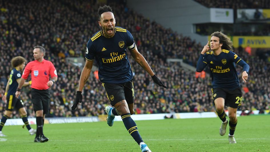 Pierre-Emerick Aubameyang celebrates his second goal against Norwich