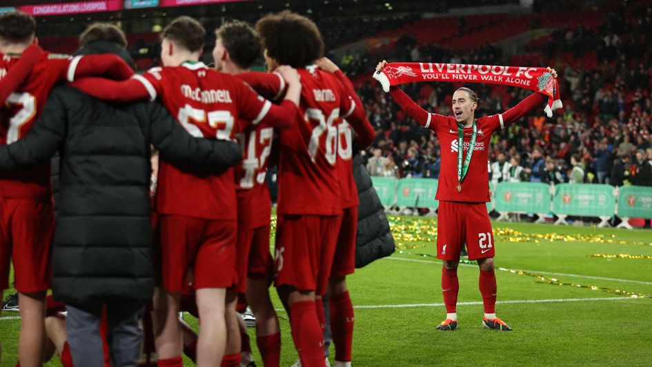 Kostas Tsimikas after Liverpool's Carabao Cup success