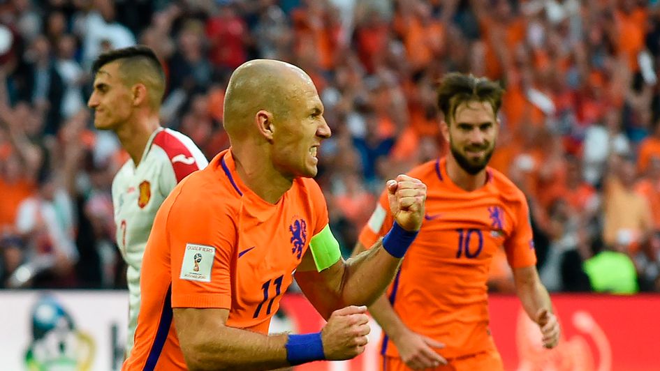 Arjen Robben celebrates his goal against Bulgaria