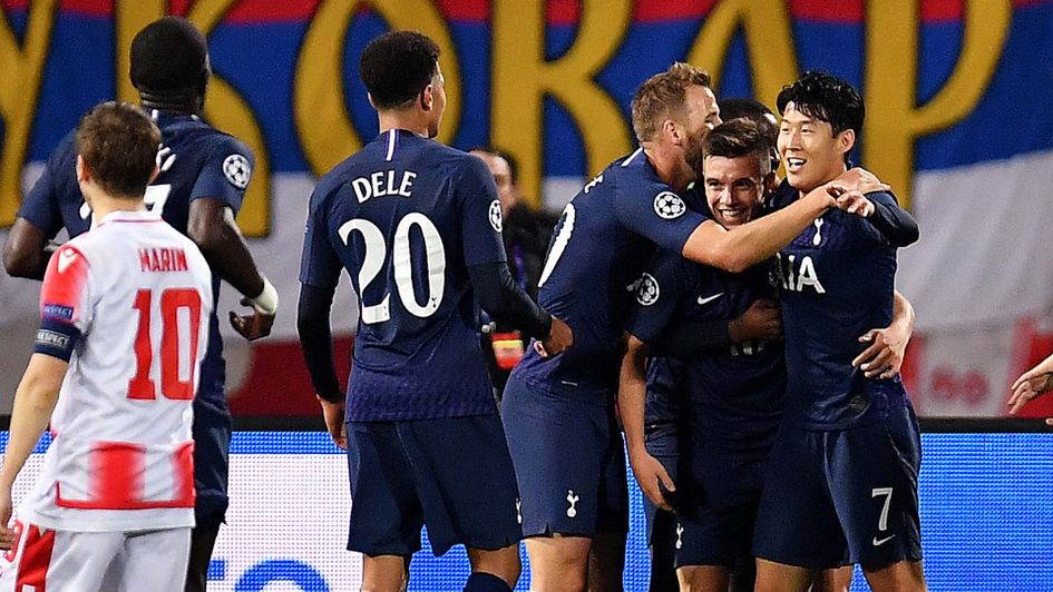 Son Heung-min celebrates scoring for Tottenham at Red Star Belgrade in the Champions League