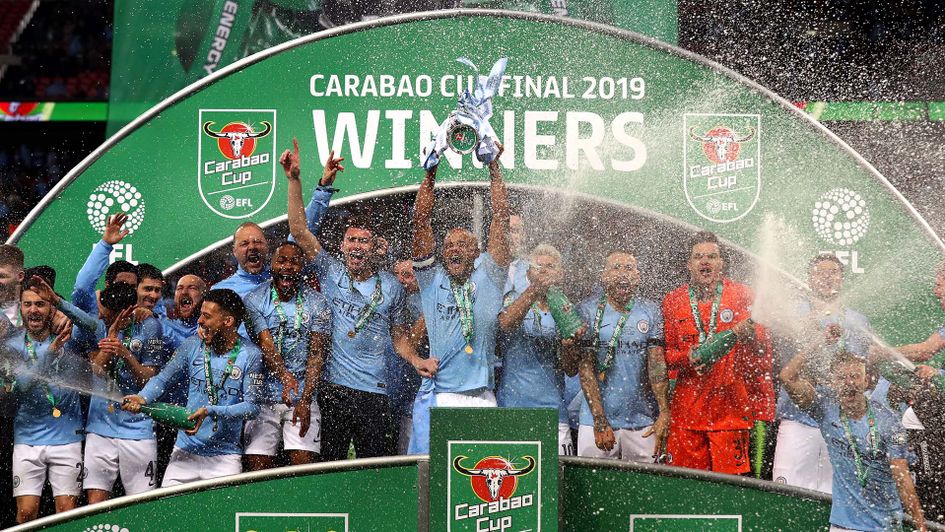 Manchester City celebrate winning the Carabao Cup on penalties against Chelsea