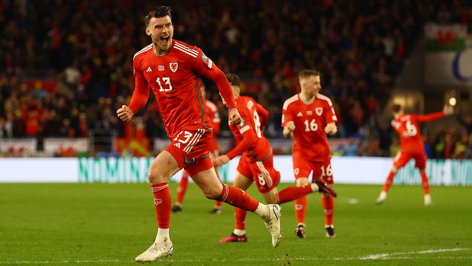 Kieffer Moore celebrates his goal against Latvia