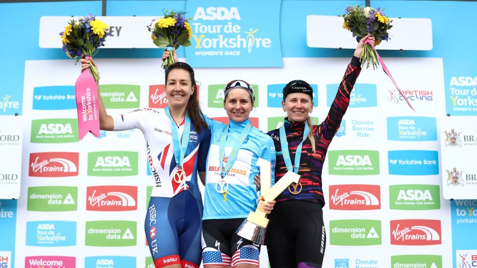 Dani Rowe, Megan Guarnier and Alena Amialiusik on the Tour de Yorkshire podium