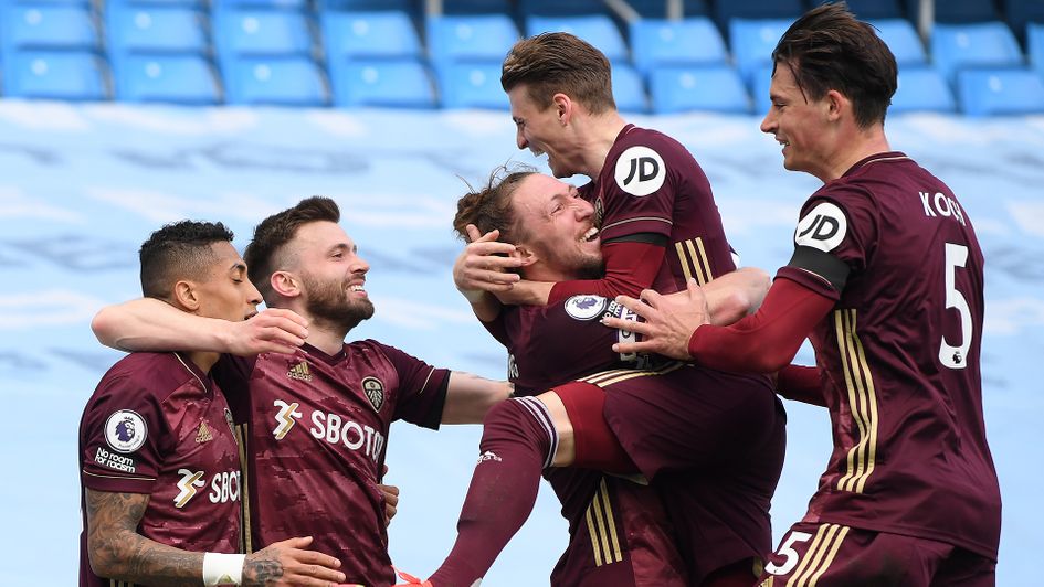 Leeds celebrate Stuart Dallas' winner against Manchester City
