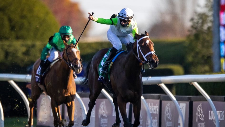 Florent Geroux celebrates on Aunt Pearl