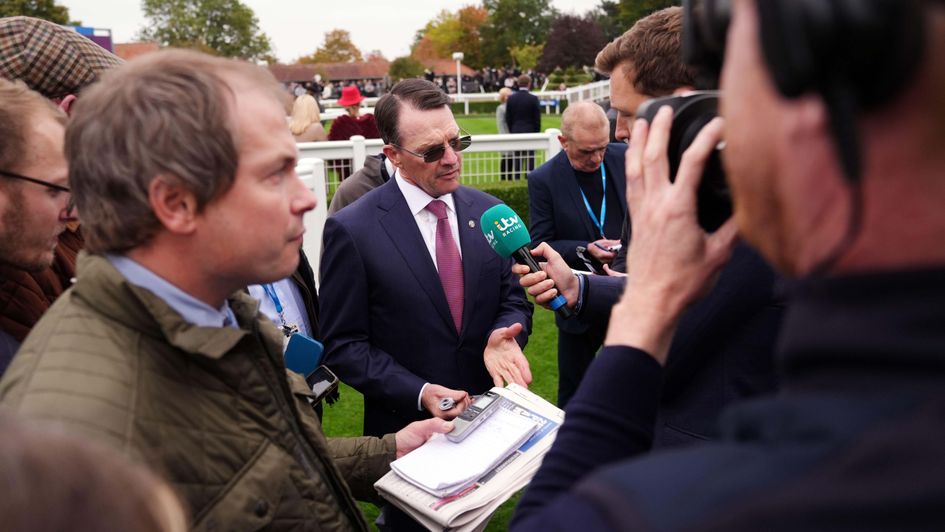 Aidan O'Brien talks to the press after the Zetland Stakes
