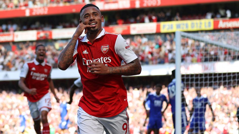 Gabriel Jesus celebrates a goal against Leicester