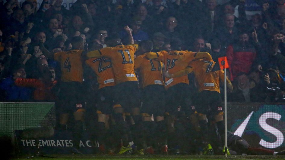 Celebrations for Newport after scoring against Middlesbrough in the FA Cup
