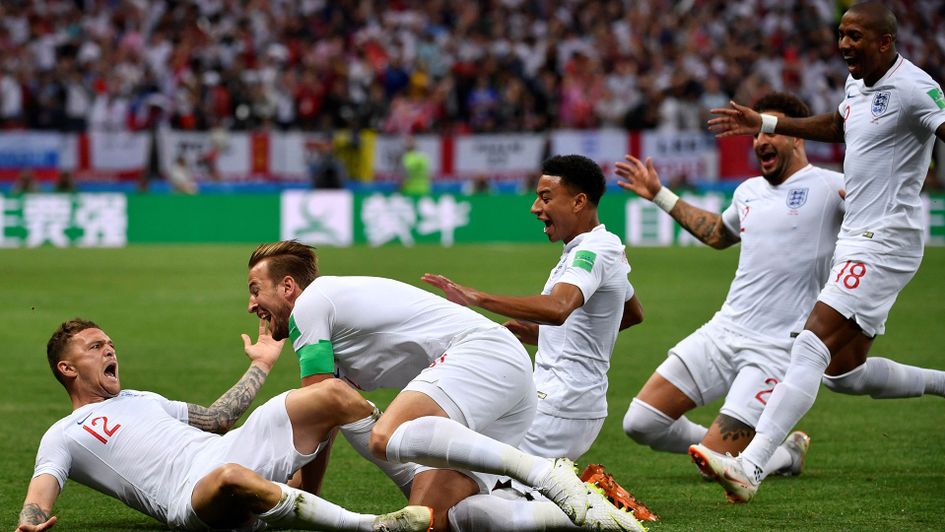 England celebrate taking the lead in their unexpected World Cup semi-final appearance in Russia
