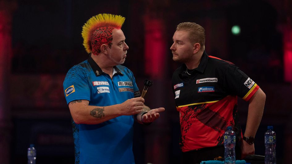 Peter Wright and Dimitri Van den Bergh (Picture: Lawrence Lustig/PDC)