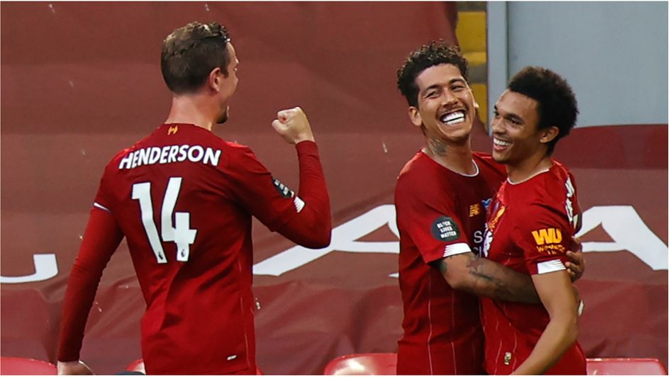 Trent Alexander-Arnold celebrates scoring for Liverpool with Roberto Firmino and Jordan Henderson