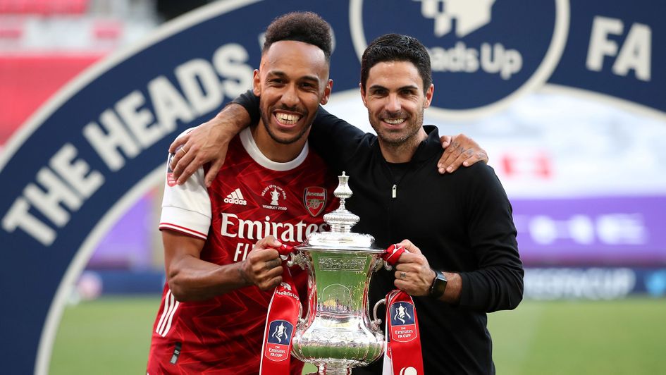 Pierre-Emerick Aubameyang and Mikel Arteta hold the FA Cup