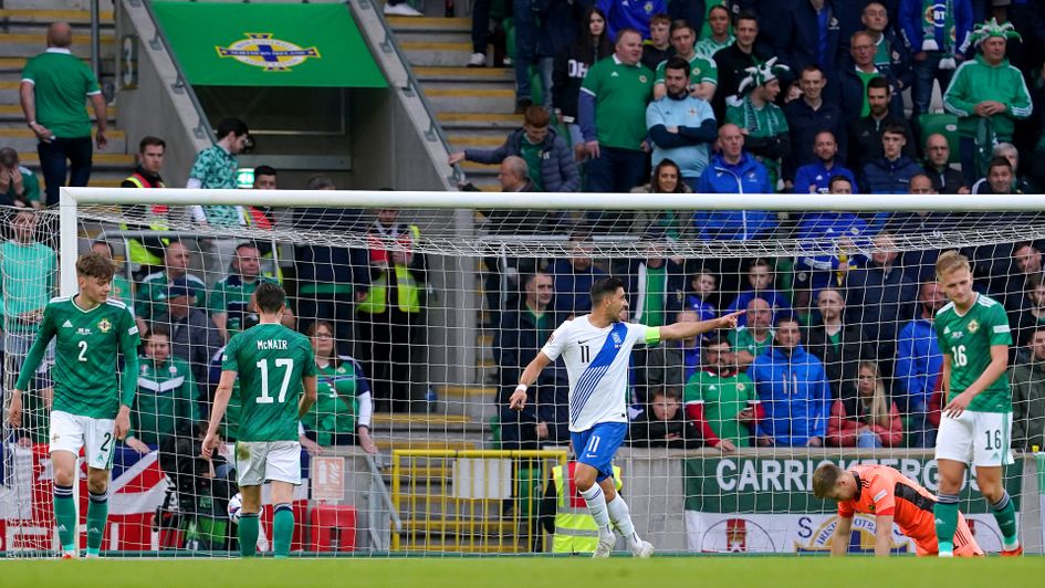 Greece's Anastasios Bakasetas celebrates his goal against Northern Ireland