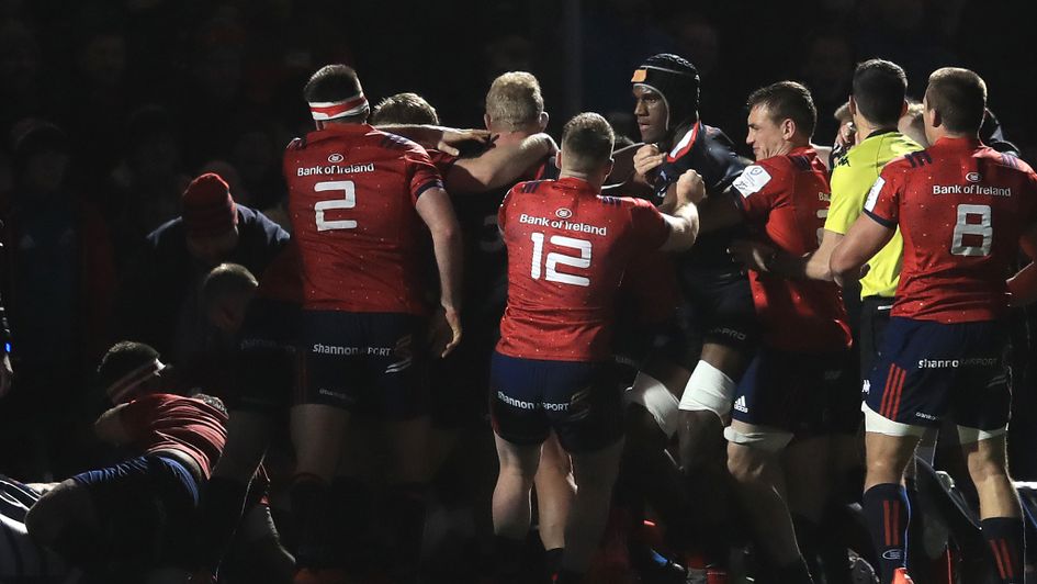 A brawl breaks out between Saracens and Munster players