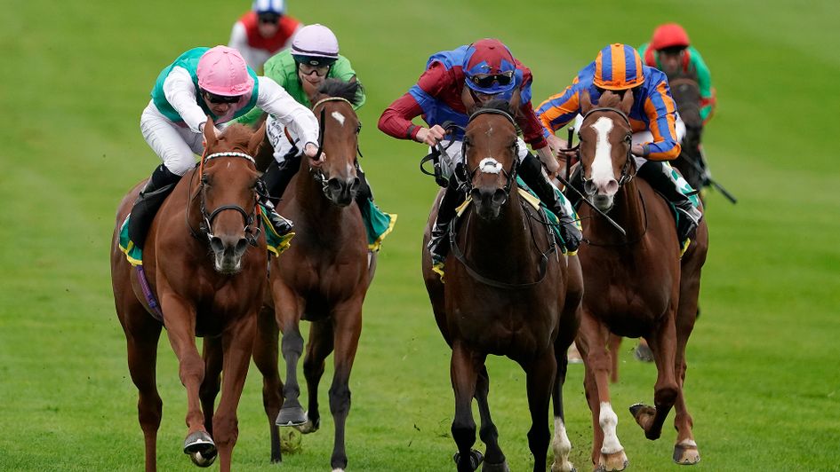 Quadrilateral (far left) wins the Fillies' Mile