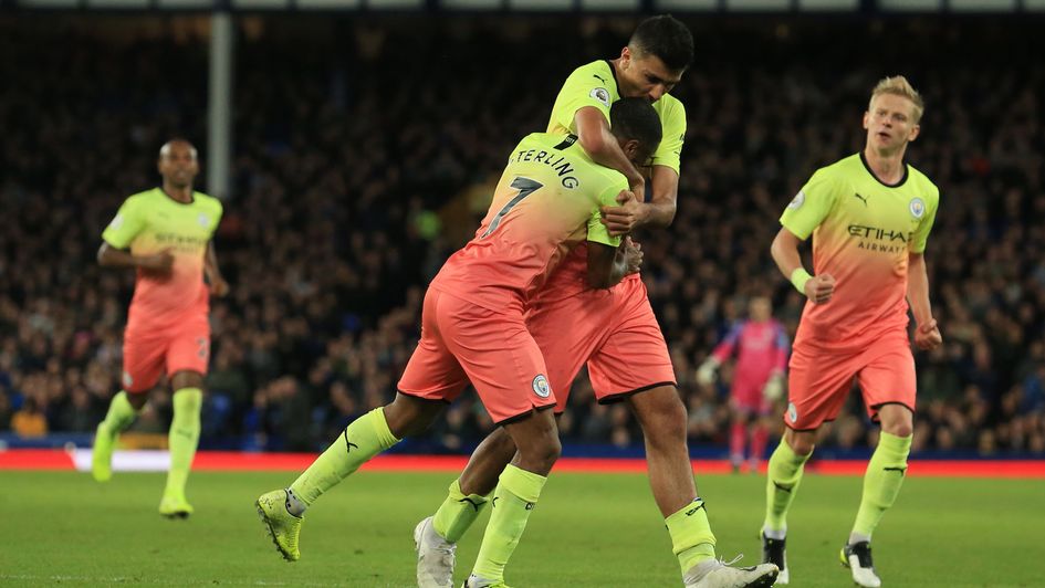 Manchester City celebrate Raheem Sterling's goal at Everton