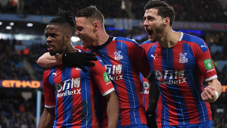 Crystal Palace celebrate their injury time equaliser at Manchester City