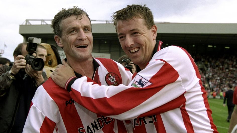 Mark Hughes with Matt Le Tissier after Southampton avoided relegation in 1999