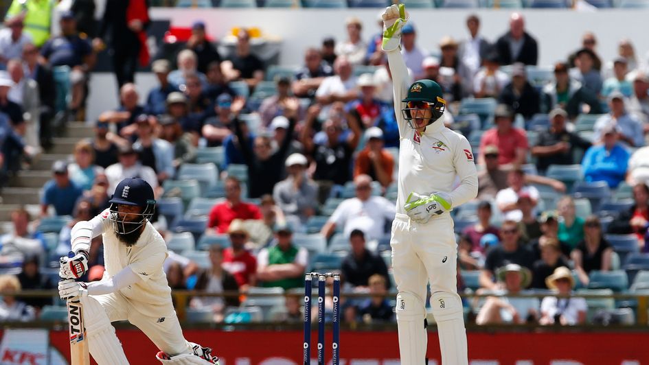 Moeen Ali is trapped lbw by Nathan Lyon