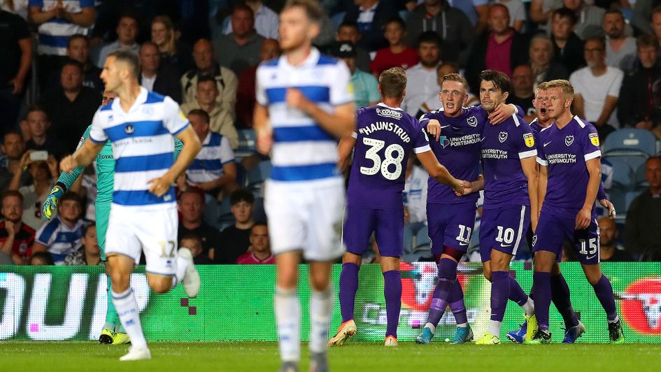 Portsmouth celebrate John Marquis' goal against QPR