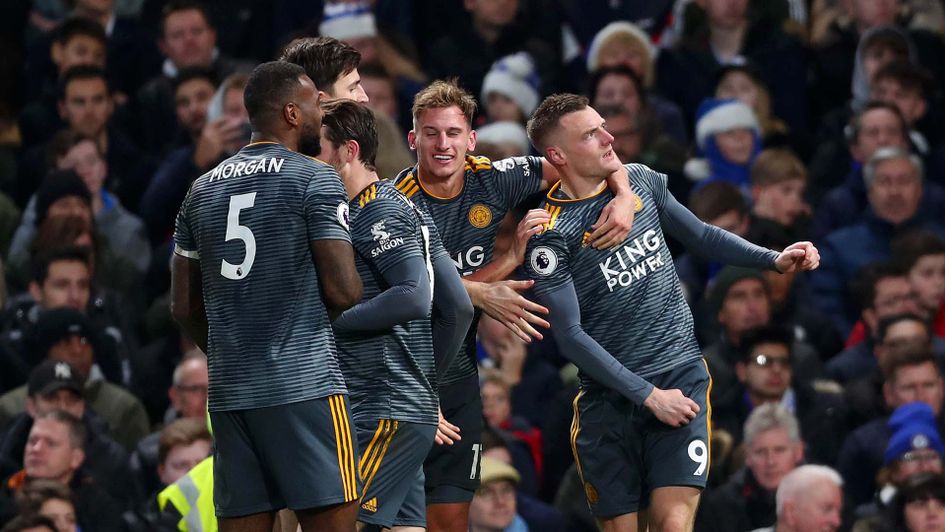 Jamie Vardy celebrates a goal for Leicester against Chelsea