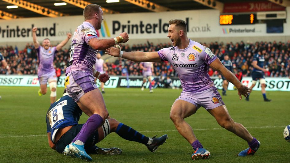 Stuart Hogg celebrates after scoring his first try for Exeter (v Sale in the Champions Cup)