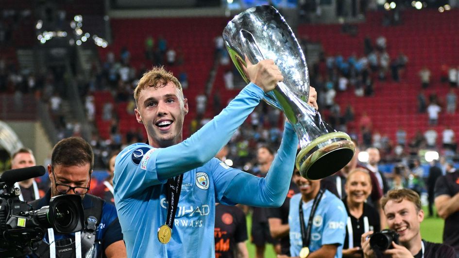 Cole Palmer lifting the UEFA Super Cup