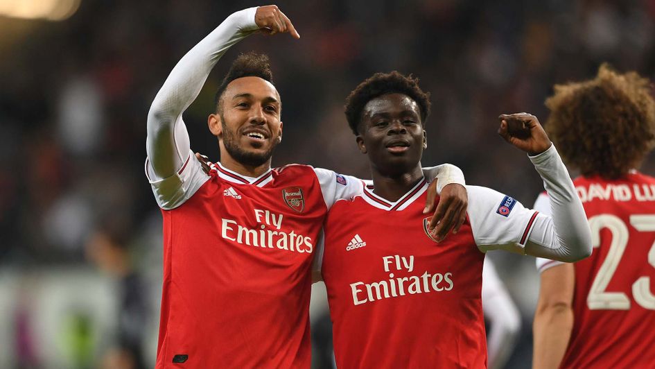 Pierre-Emerick Aubameyang and Bukayo Saka celebrate for Arsenal