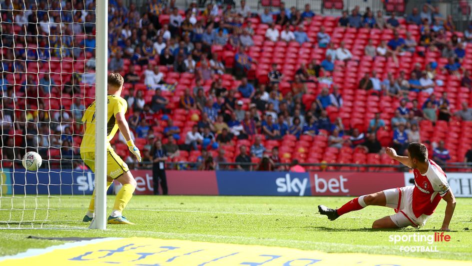 Richard Wood scores the winning goal for Rotherham in the Sky Bet League One play-off final