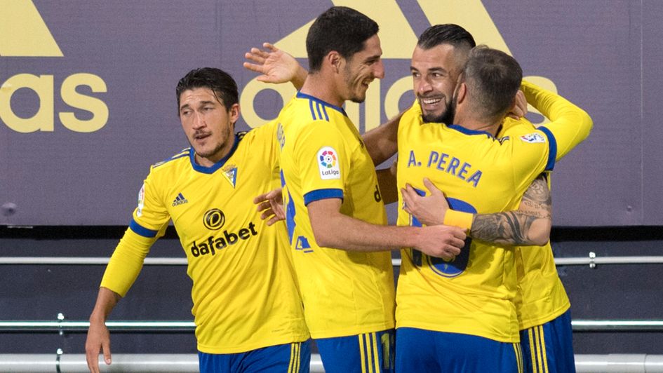 Cadiz celebrate Alvaro Negredo's goal against Barcelona