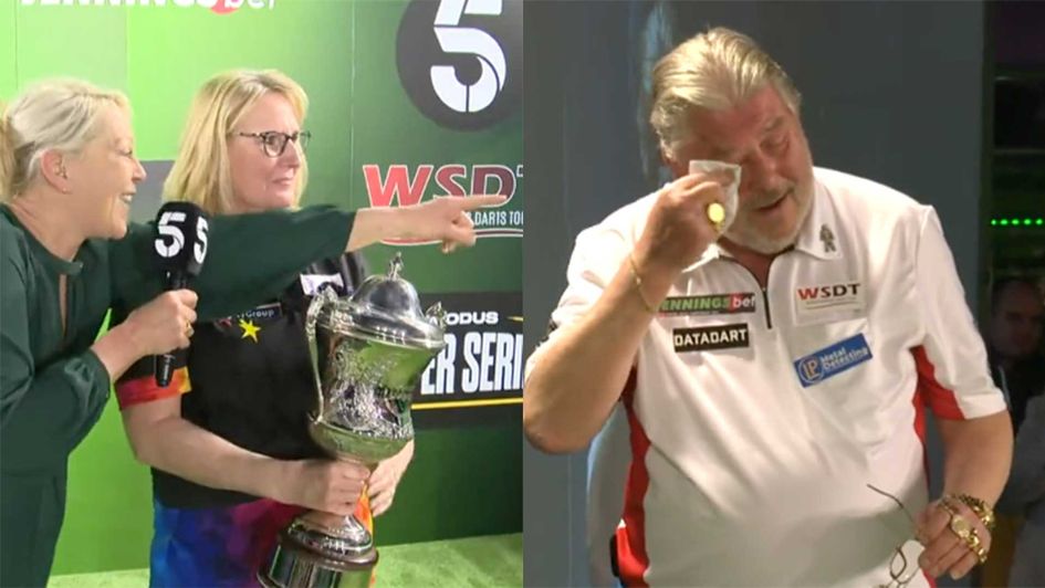 Trina Gulliver receives the BDO World Championship trophy and Wolfie cries