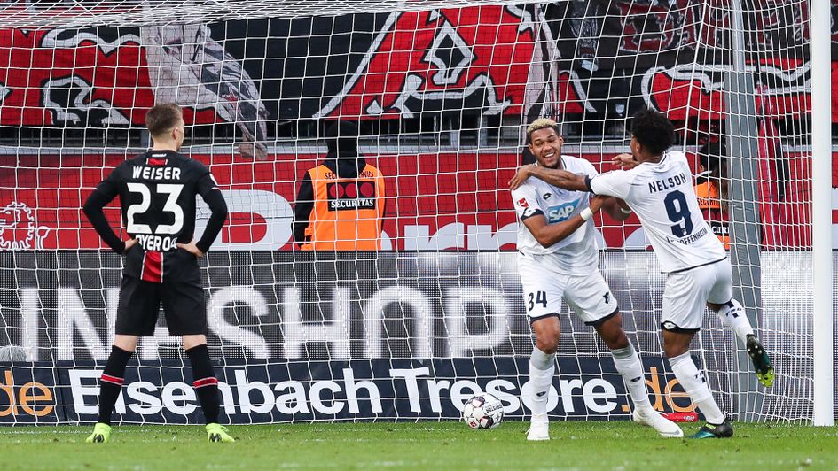 Joelinton celebrates after scoring for Hoffenheim against Bayer Leverkusen