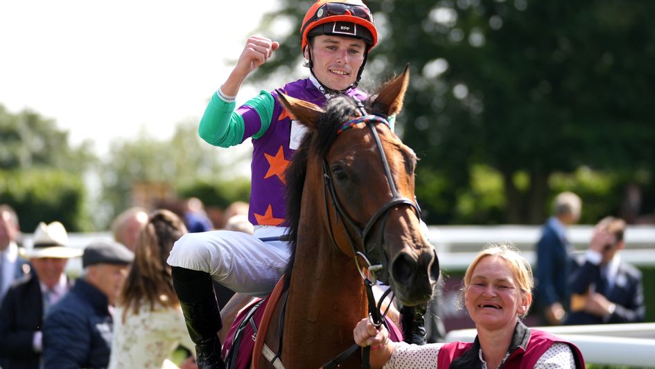 Kieran Shoemark celebrates after Lady Bowthorpe's Nassau Stakes win