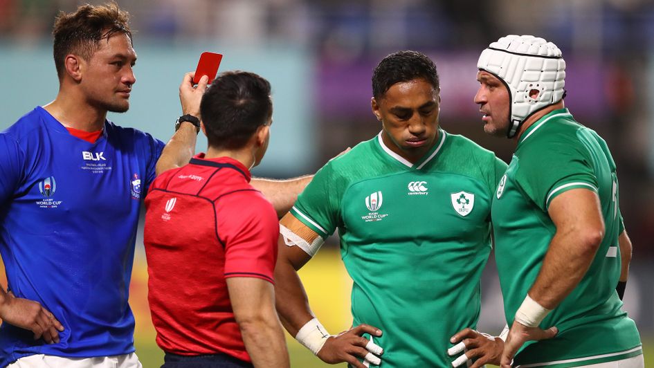 Bundee Aki is shown the red card