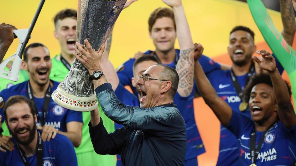 Maurizio Sarri lifts the Europa League trophy with Chelsea