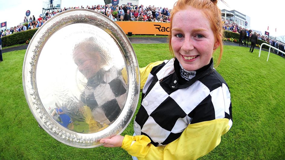 Jockey Jody Townend with the trophy after winning the Connacht Hotel (Q.R.) Handicap onboard Great White Shark